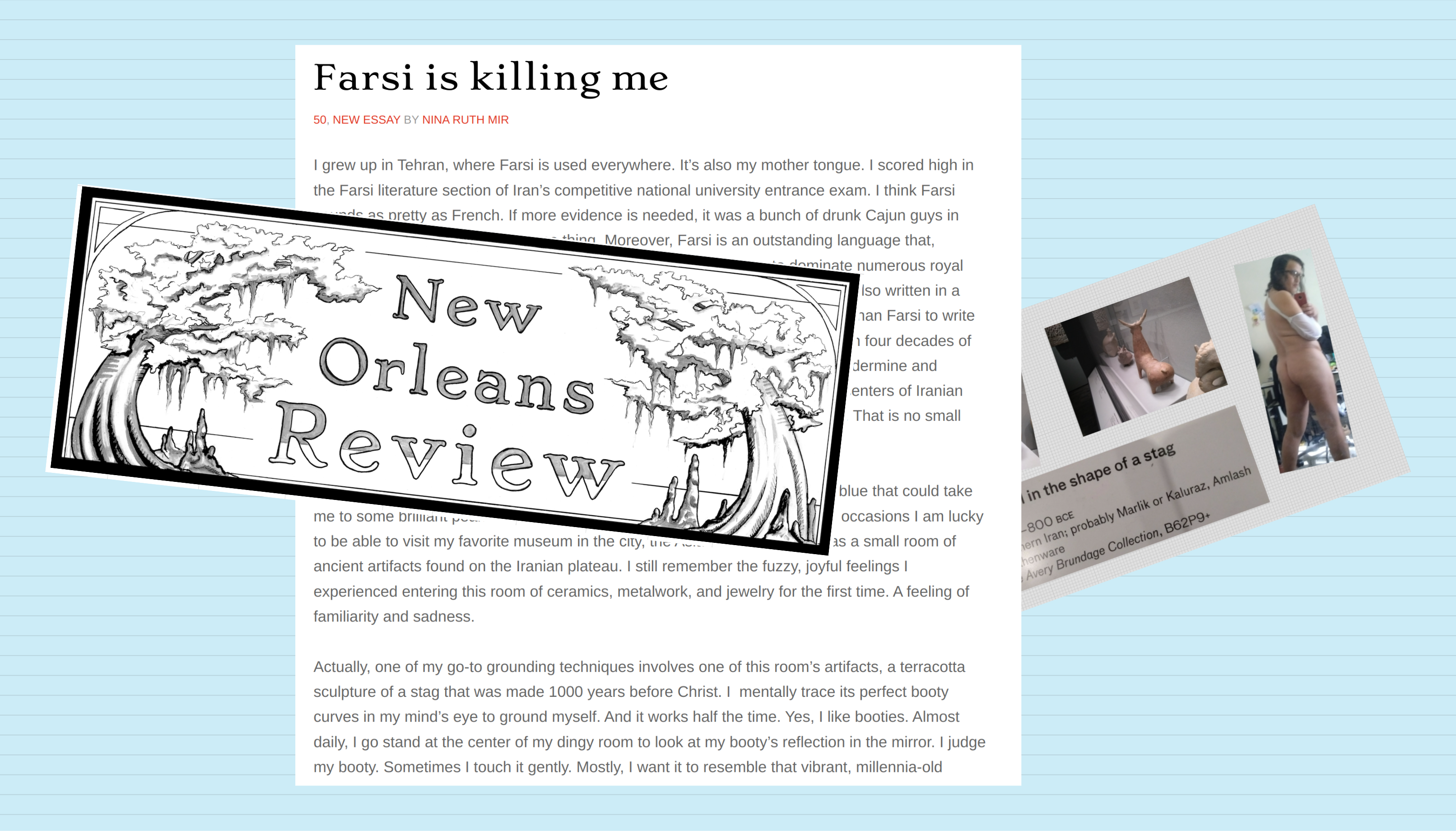 A collage made of Nina Ruth Mir's essay on 
                        New Orleans Review website called Farsi is Killing Me