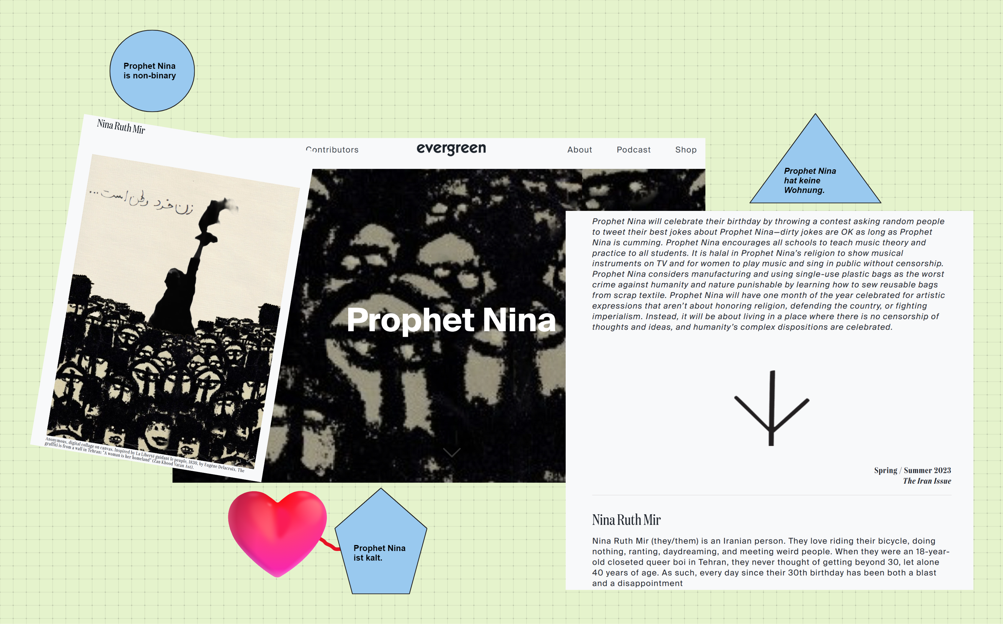 A collage made of Nina Ruth Mir's essay on 
            Evergreen Review website called Prophet Nina